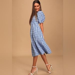 Lulus Seaside Breeze Blue Plaid Puff Sleeve Midi Dress Medium